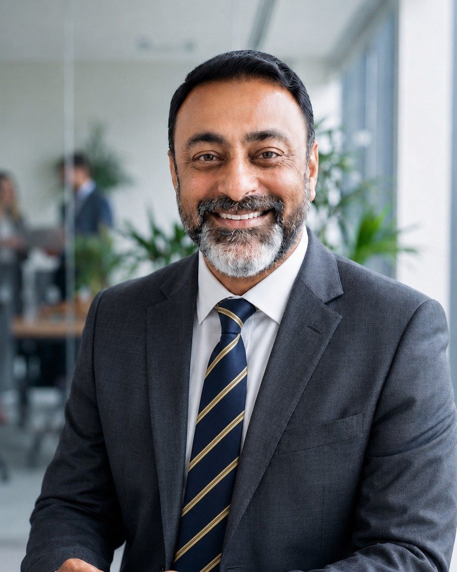 Saqib Khan, founder of Eloquia, smiling, in a dark grey suit, white shirt and navy and gold striped tie, in a bright office
